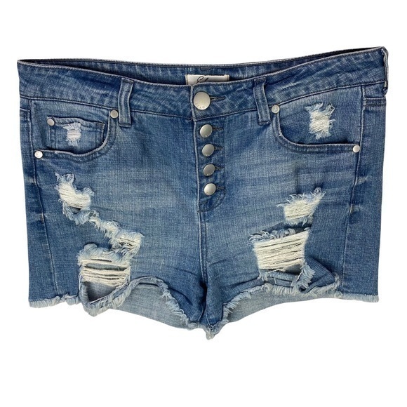 Elan Womens Shorts Size M Light Wash Denim Distress High Rise Button Fly Stretch - Picture 1 of 12